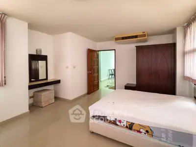 Spacious bedroom with minimalist decor and natural light