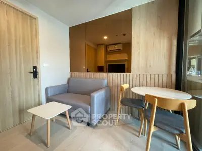 Modern living room with stylish furniture and wooden accents