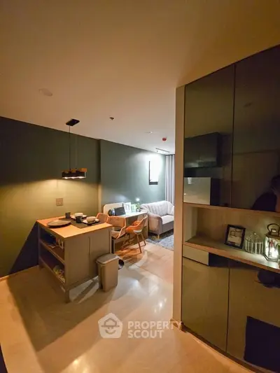 Cozy modern living room with open kitchen and stylish decor
