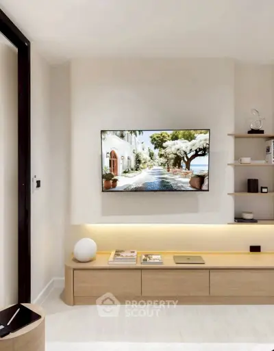 Modern living room with sleek wooden furniture and wall-mounted TV