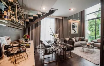 Luxurious modern living room with high ceilings, elegant decor, and large windows offering a stunning view.