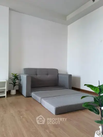 Modern minimalist living room with gray sofa bed and wooden flooring