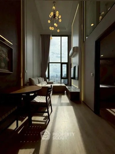 Stunning high-ceiling living room with city view and elegant decor