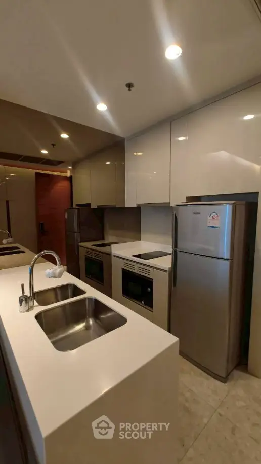Modern kitchen with sleek appliances and dual sink in contemporary apartment