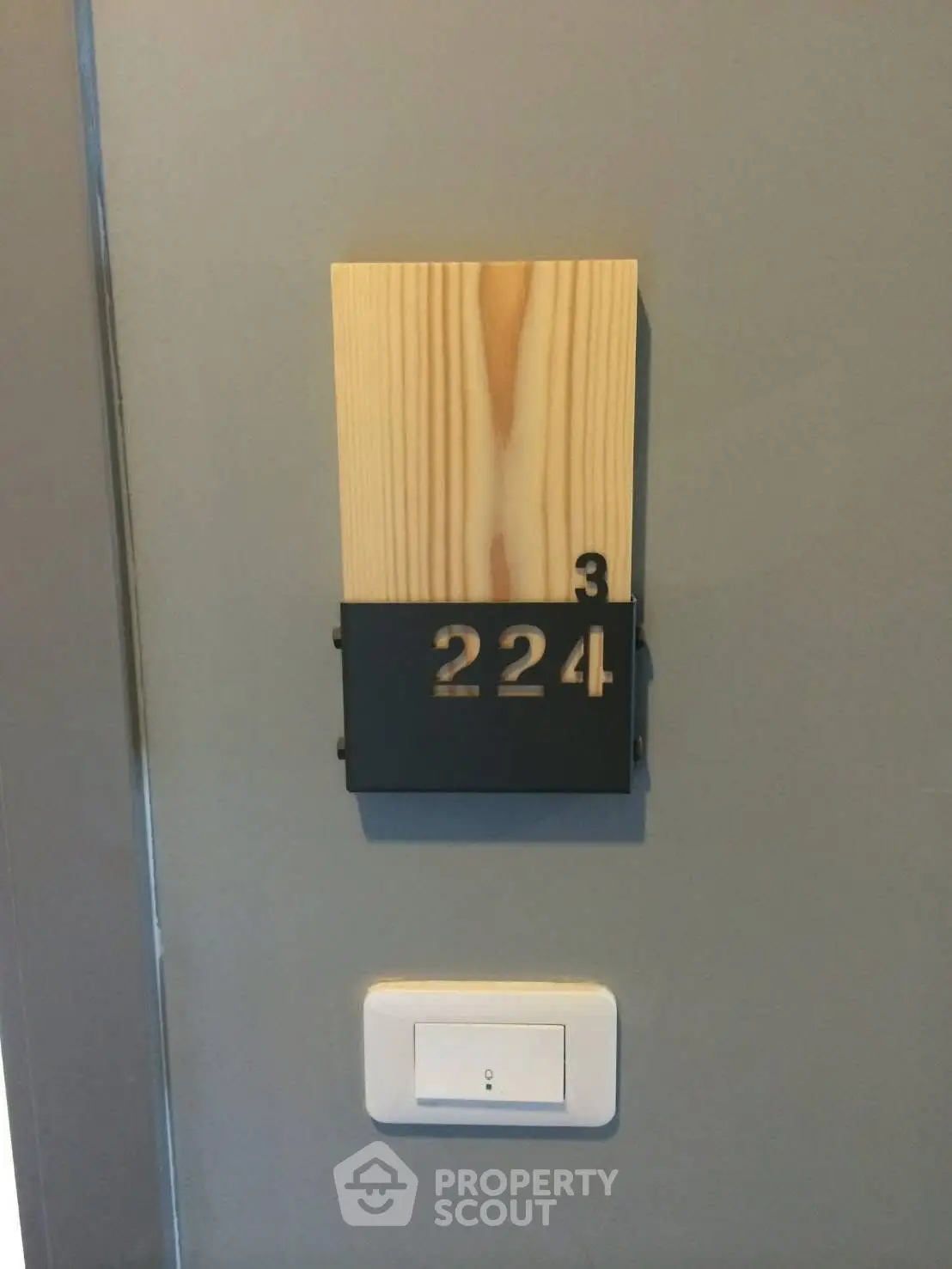 Modern apartment door with stylish room number 224 sign and light switch.