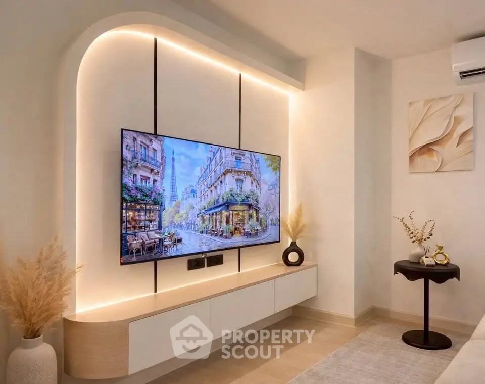 Modern living room with stylish TV setup and elegant decor