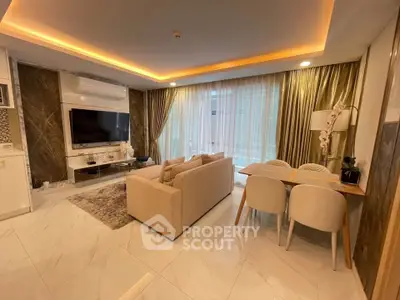 Luxurious modern living room with elegant decor and open dining area