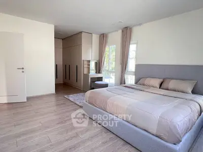 Spacious modern bedroom with elegant decor and natural light