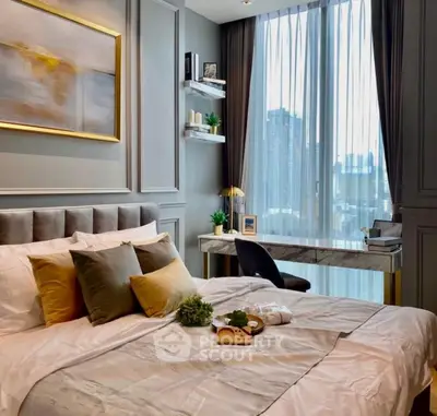 Luxurious bedroom with city view, elegant decor, and natural light