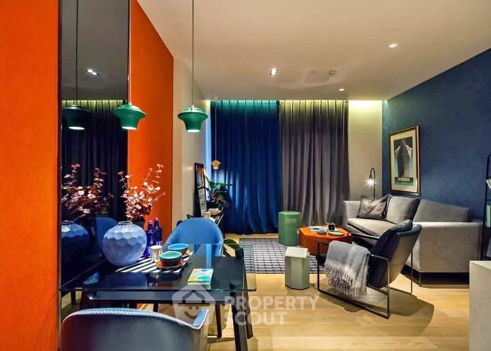 Stylish modern living room with vibrant colors and elegant decor