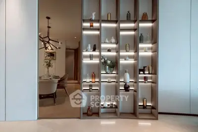 Luxurious modern living room with elegant shelving and ambient lighting