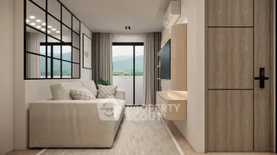 Modern living room with mountain view, featuring sleek furniture and stylish decor.