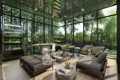 Luxurious living room with floor-to-ceiling windows and lush garden view