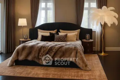 Luxurious bedroom with elegant decor and plush bedding in a stylish home.
