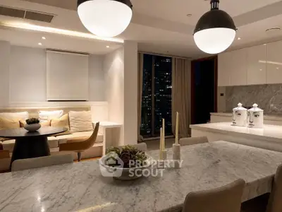 Luxurious modern dining area with marble table and city view, perfect for elegant entertaining.