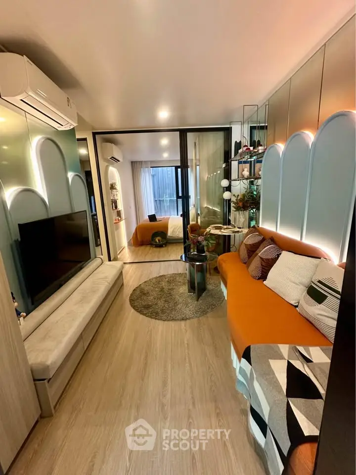 Modern living room with stylish decor and cozy seating area