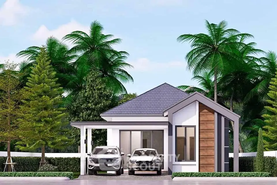 Charming modern house with lush greenery and two-car driveway