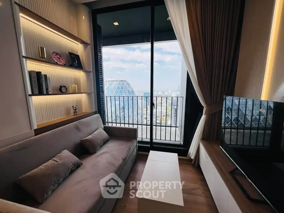 Modern living room with stunning city view and elegant decor