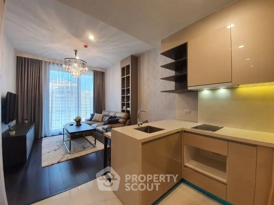 Luxurious modern living room with open kitchen and stunning city view
