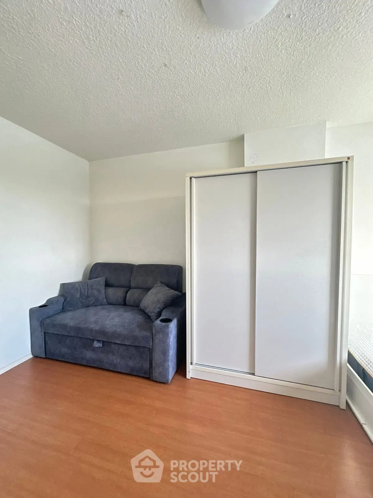 Cozy living room with modern sofa and sleek sliding wardrobe in a bright apartment.