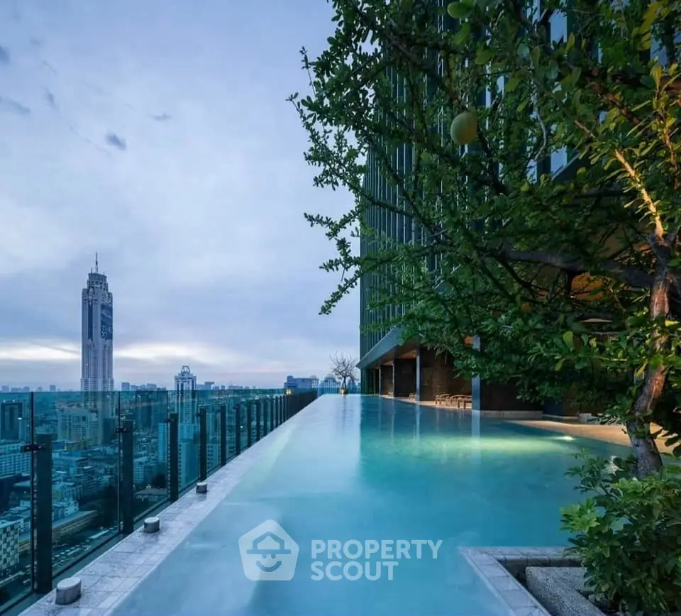 Luxurious rooftop infinity pool with stunning city skyline view at dusk.