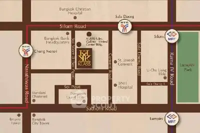 Map showing Klass Silom location near Silom Road with nearby amenities and transport links.