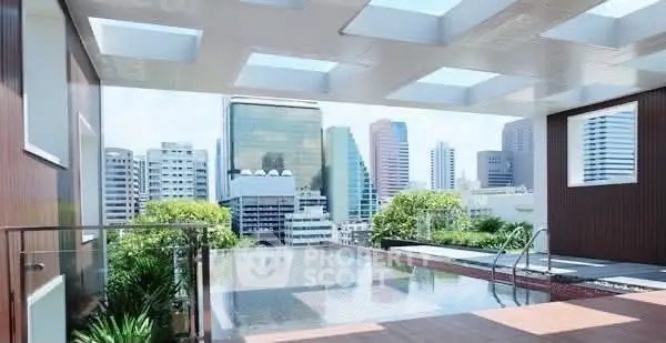 Luxurious rooftop pool with stunning city skyline views in modern urban setting.