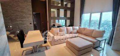 Luxurious modern living room with city view and elegant dining area