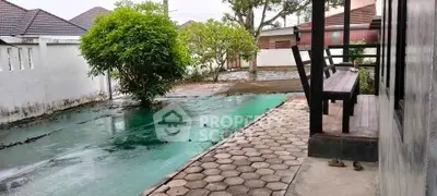 Charming outdoor patio with lush greenery and paved walkway in serene residential setting.