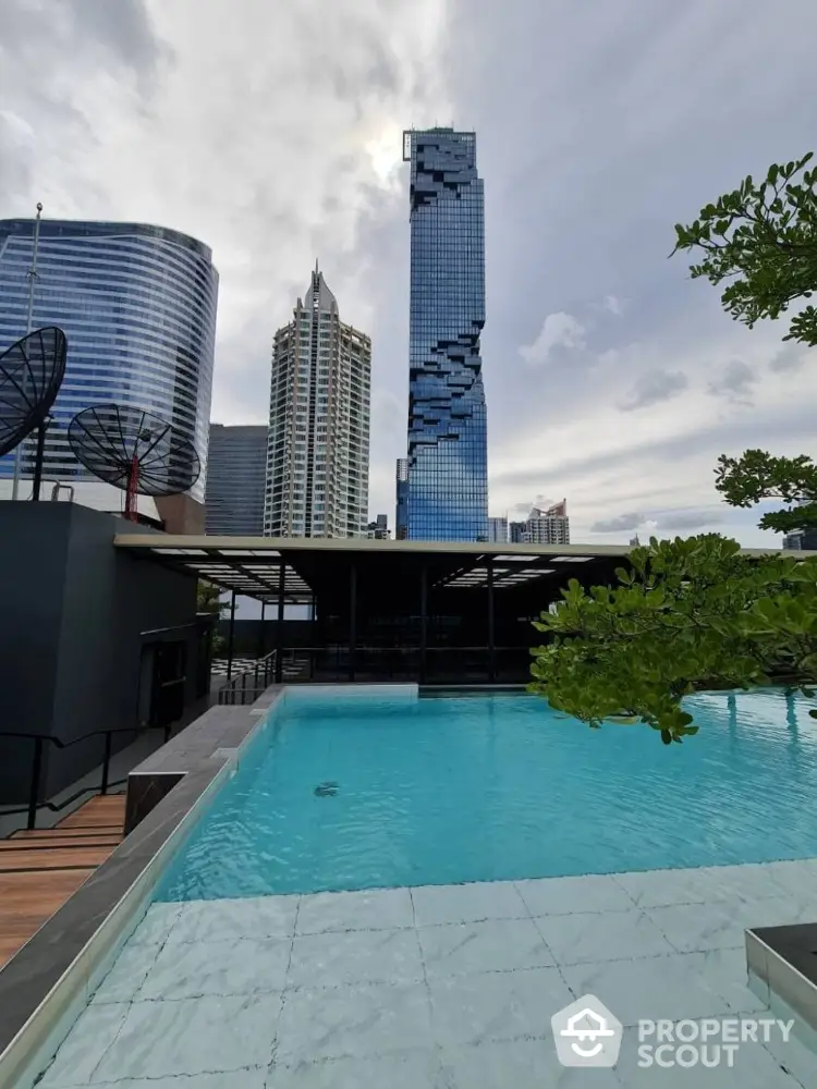 Stunning rooftop pool with city skyline view and modern architecture.