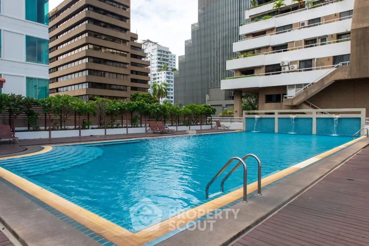 Luxurious urban swimming pool surrounded by modern high-rise buildings.