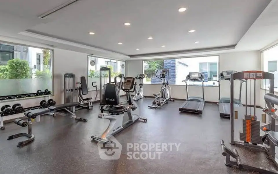 Modern gym with state-of-the-art fitness equipment and large windows for natural light.