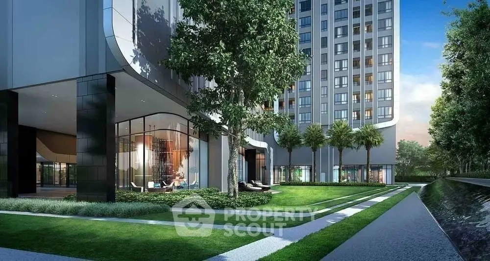 Modern high-rise building with lush landscaped garden and sleek architectural design.