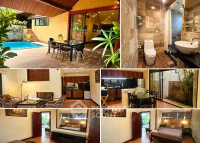 Luxurious villa with private pool, modern kitchen, elegant bathroom, and spacious living area.