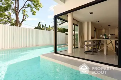 Luxurious modern home with open dining area and private pool, perfect for relaxation and entertainment.