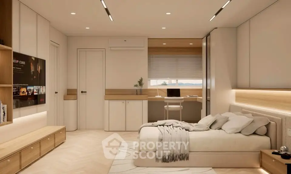 Modern bedroom with sleek design, featuring a cozy bed, built-in storage, and a stylish workspace.