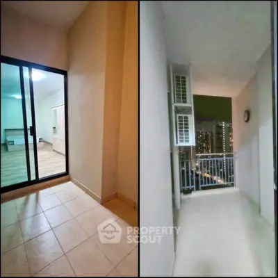 Spacious balcony with city view and sliding glass doors leading to a modern interior.