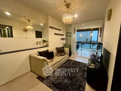Stylish living room with modern decor and city view, perfect for urban living.