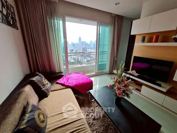 Modern living room with city view and stylish decor