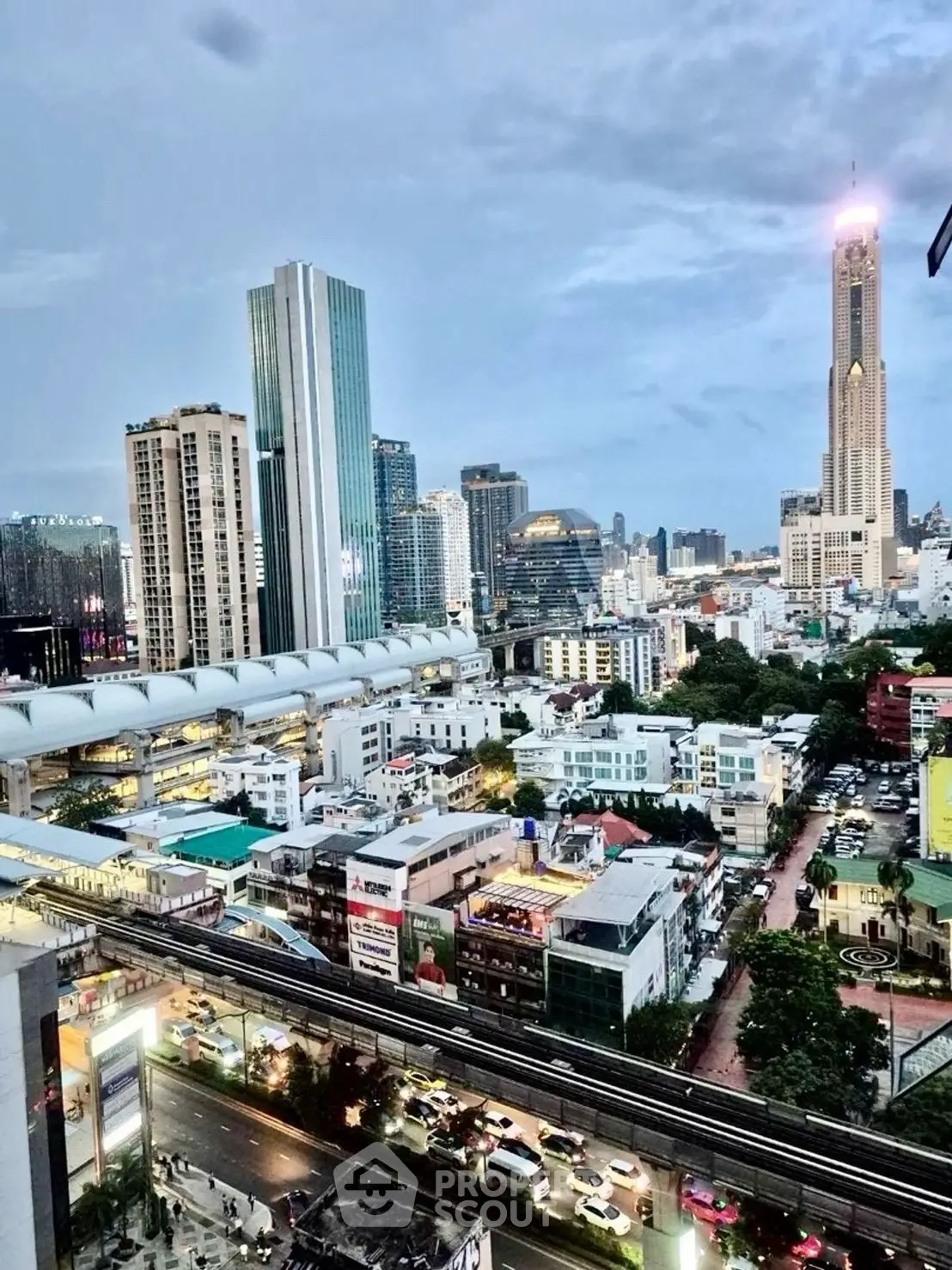Stunning cityscape view showcasing modern skyscrapers and vibrant urban life at dusk.