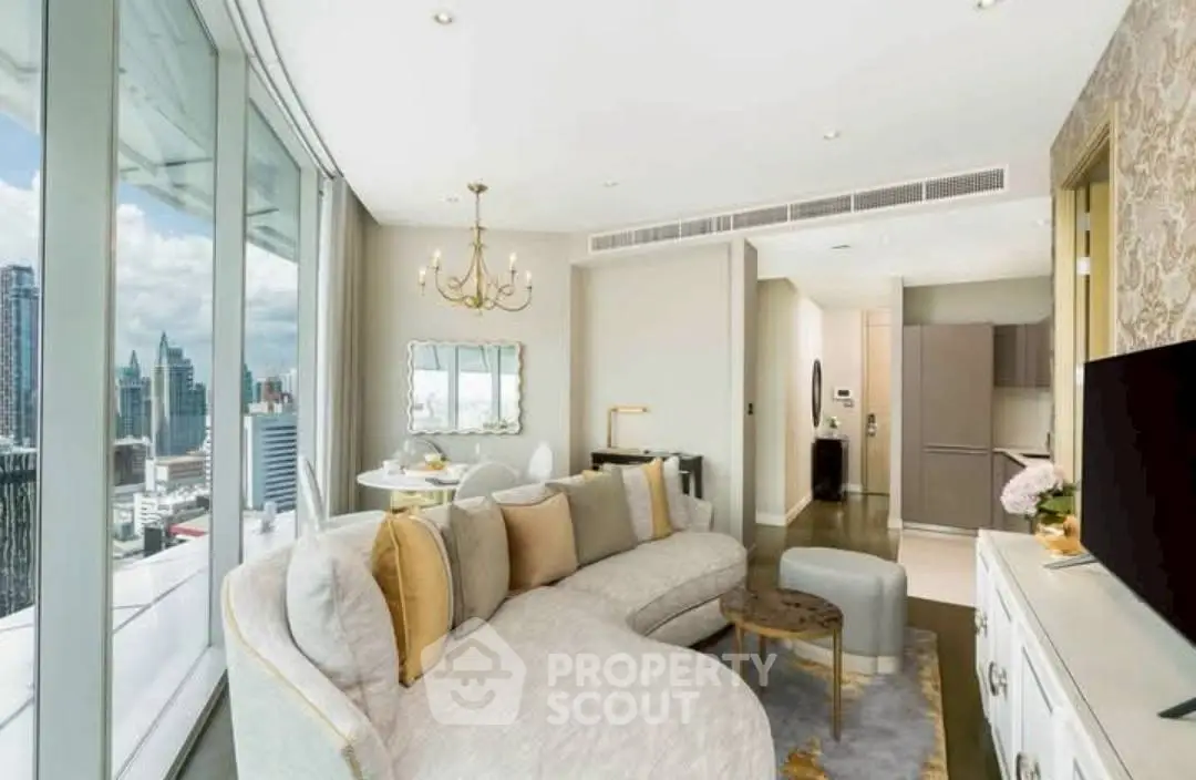 Luxurious high-rise living room with stunning city view and elegant decor.