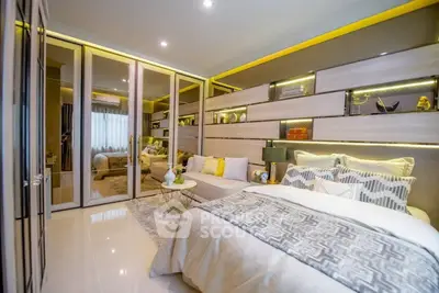 Luxurious modern bedroom with elegant decor and mirrored wardrobe