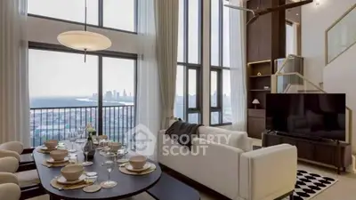 Luxurious modern living room with stunning city view and elegant dining area