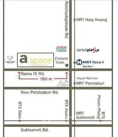 Map showing location of A Space condominium near MRT and BTS stations in Bangkok.