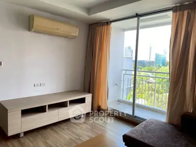 Modern living room with balcony view in urban apartment