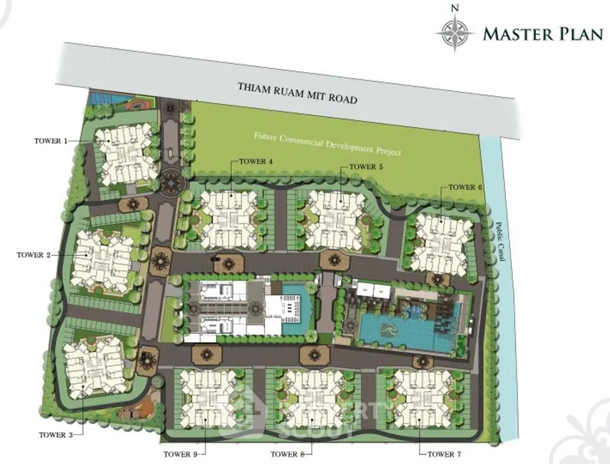 Master plan of residential development with towers, roads, and green spaces.