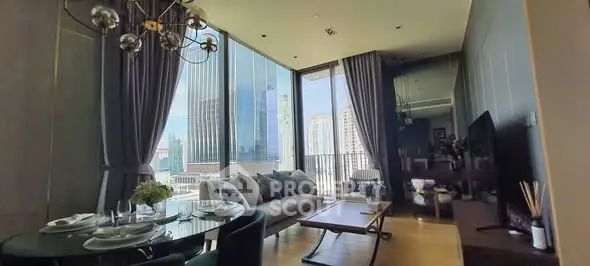 Luxurious living room with floor-to-ceiling windows and city view, modern decor and elegant lighting.