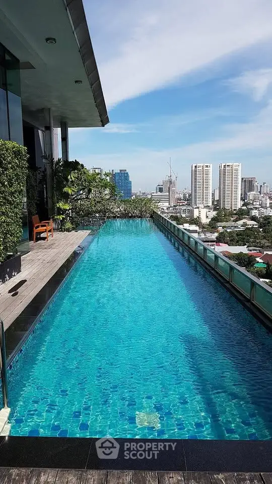 Luxurious rooftop pool with stunning city skyline view, perfect for relaxation and leisure.