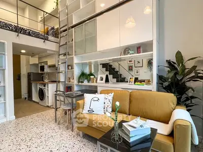 Modern loft-style living room with mezzanine and stylish decor