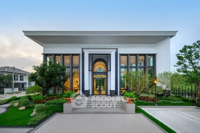 Luxurious modern building with grand entrance and landscaped garden